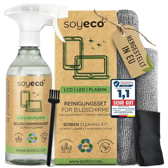 Ensemble de nettoyage d’écran SOYECO ECO avec flacon de 500 ml, deux chiffons et brosse
