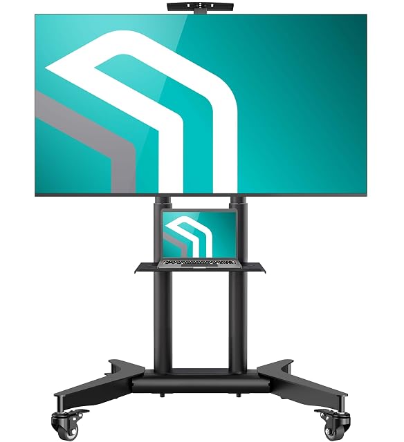Pied TV mobile ONKRON sur roulettes caoutchoutées avec tablette pour appareils